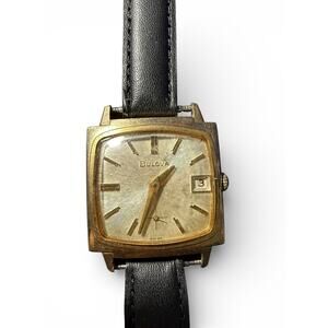 Vintage Bulova 10K RGP Gold Plate Square Case Men's Wristwatch w/ Date, Runs